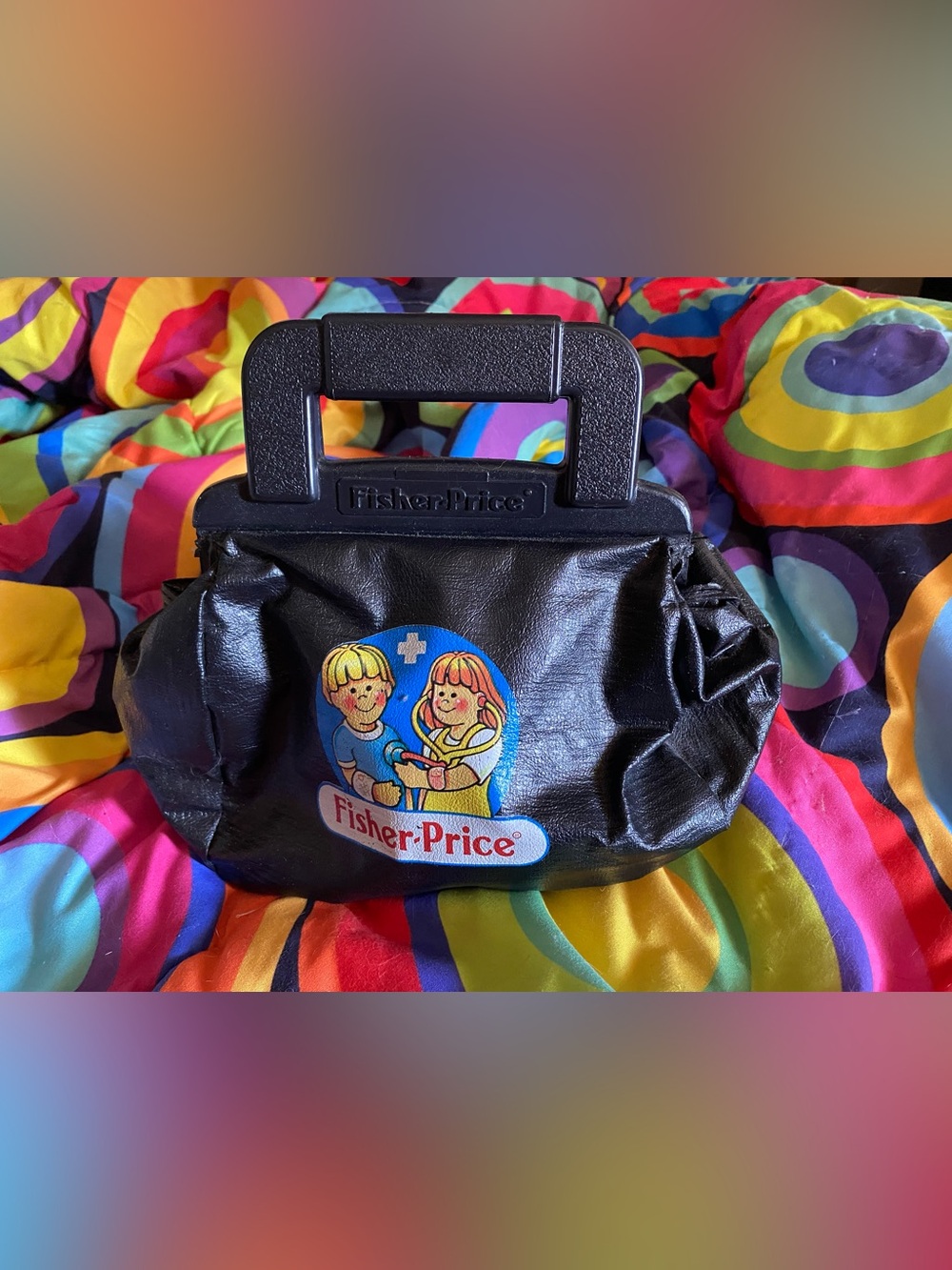 Fisher-Price Black Play Doctor Bag with Blue, Yellow and Red Graphic-vintage